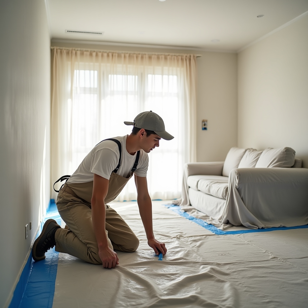 Painter laying drop cloths and masking trim before an interior painting project